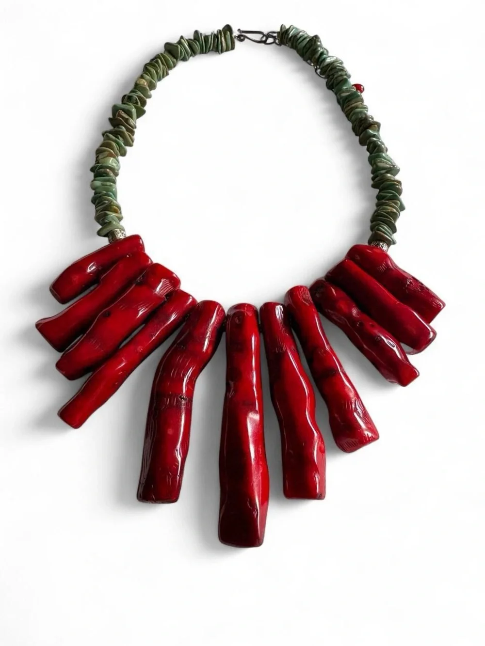 Huge Vintage Southwestern Statement Red Coral Branch Necklace Turquoise Shell
